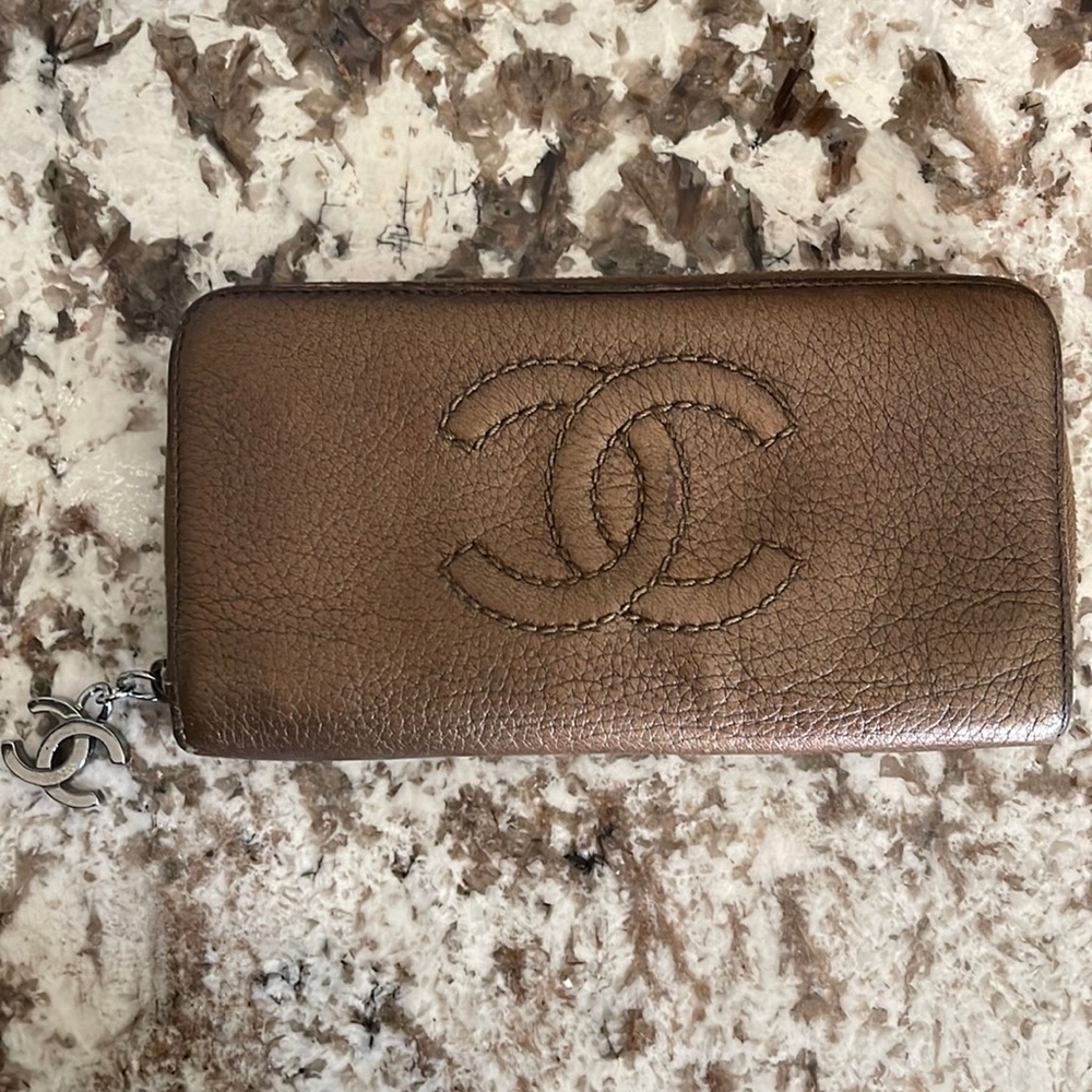 Chanel Coco Mark Long Wallet- Brown Metallic CC Logo Long Zip Around Wallet